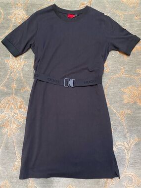 HUGO Black Short-Sleeve Cotton T-Shirt Dress with Belt NWOT